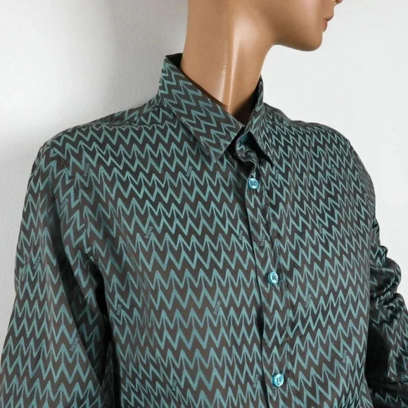 Vintage Versus by Versace ZigZag Green Blue Pattern Button Down Long Sleeve Top - Picture 2 of 5